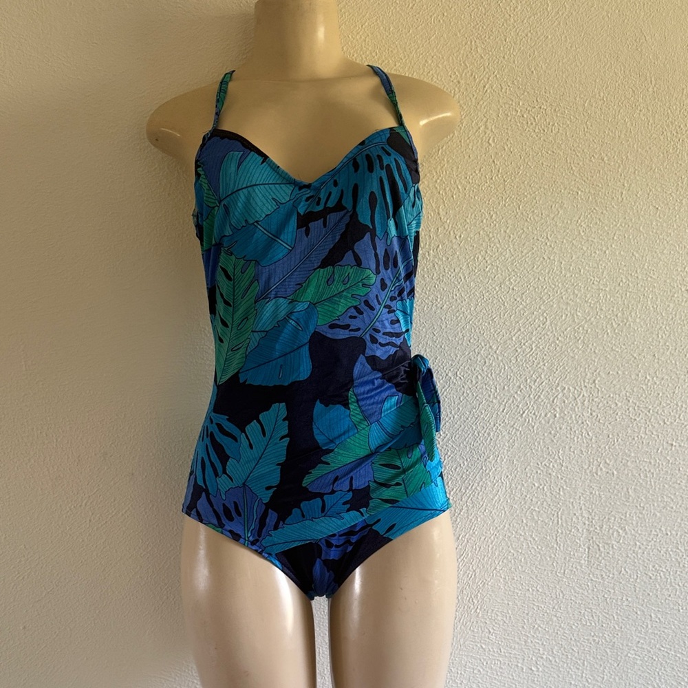 Vtg Blue & Teal Tropical One-Piece Swimsuit South Point Jantzen 8/10